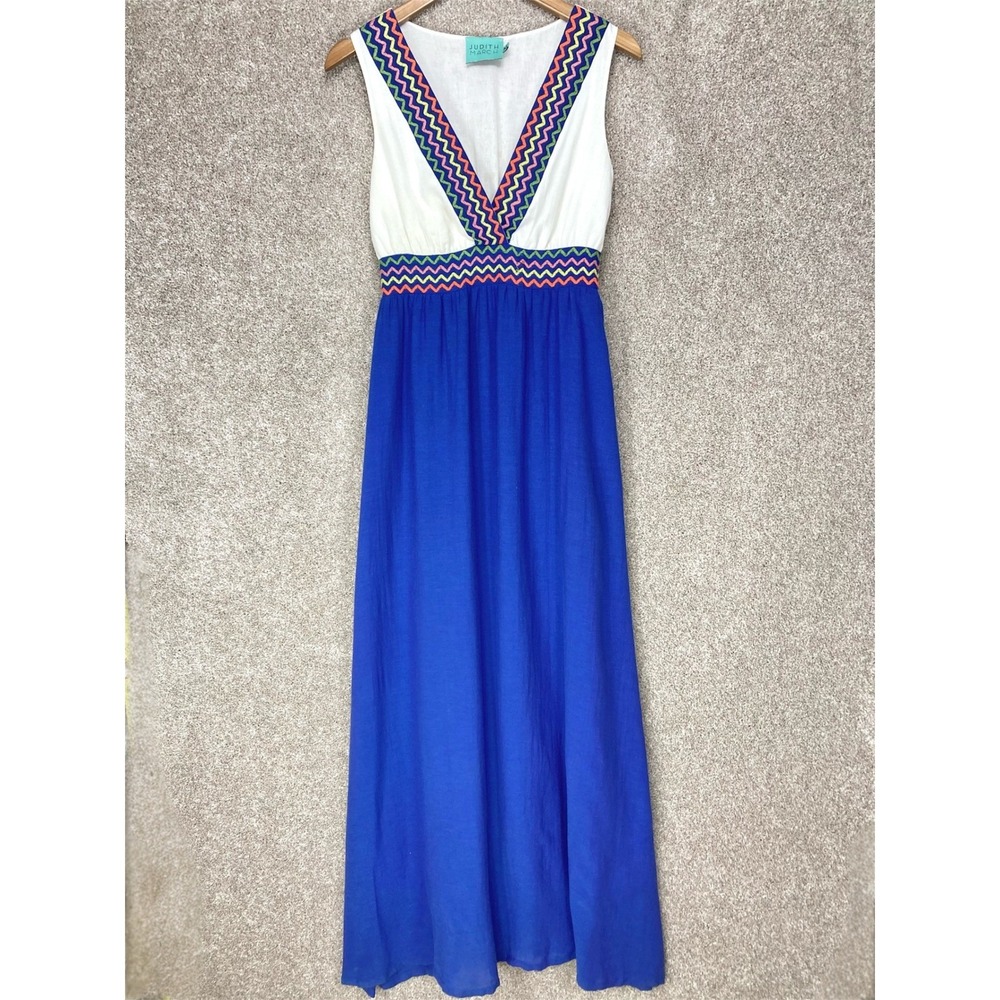 Judith March Embroidered Boho Maxi Dress Womens M Blue White Resortwear Summer